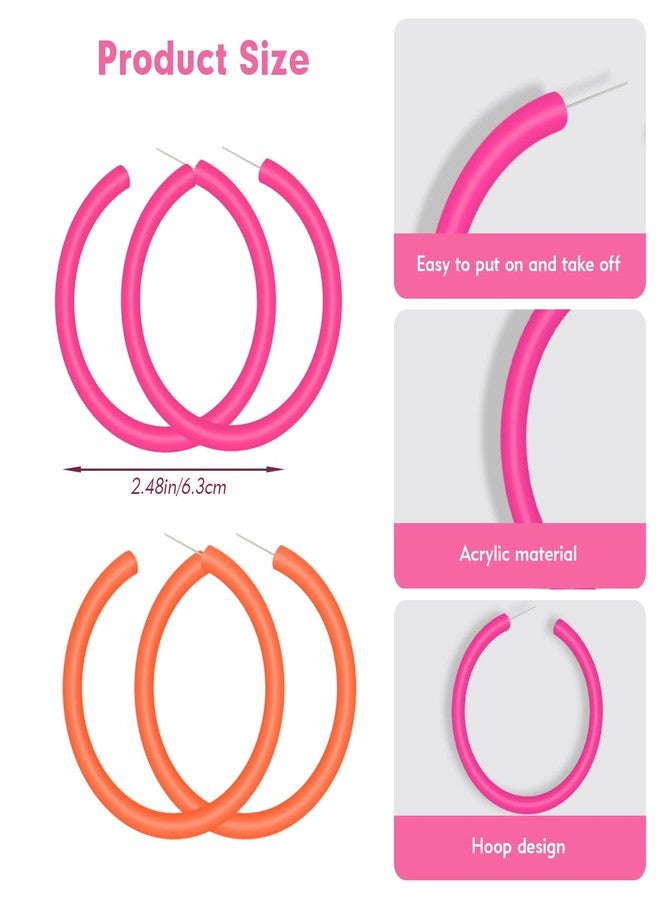 CNTVO 2 Pairs Hoop Earrings, Neon Retro Hoop Earrings for Women, 2.5 in Large Acrylic Earrings Vintage 80s-90s Style, Perfect for 80s 90s Outfit Dancing Party Accessories (Pink & Orange) - Image 5